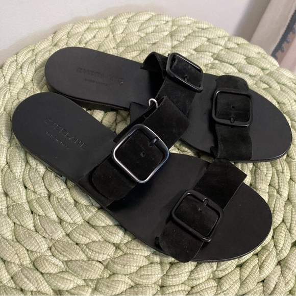 Everlane The Modern Buckle Black Suede Double Strap Flat Slip On Sandal - Picture 4 of 8